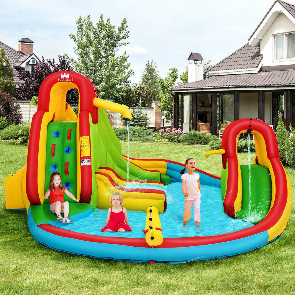 Kid's inflatable water slide bounce house with climbing wall and splash pool, perfect for outdoor summer fun.