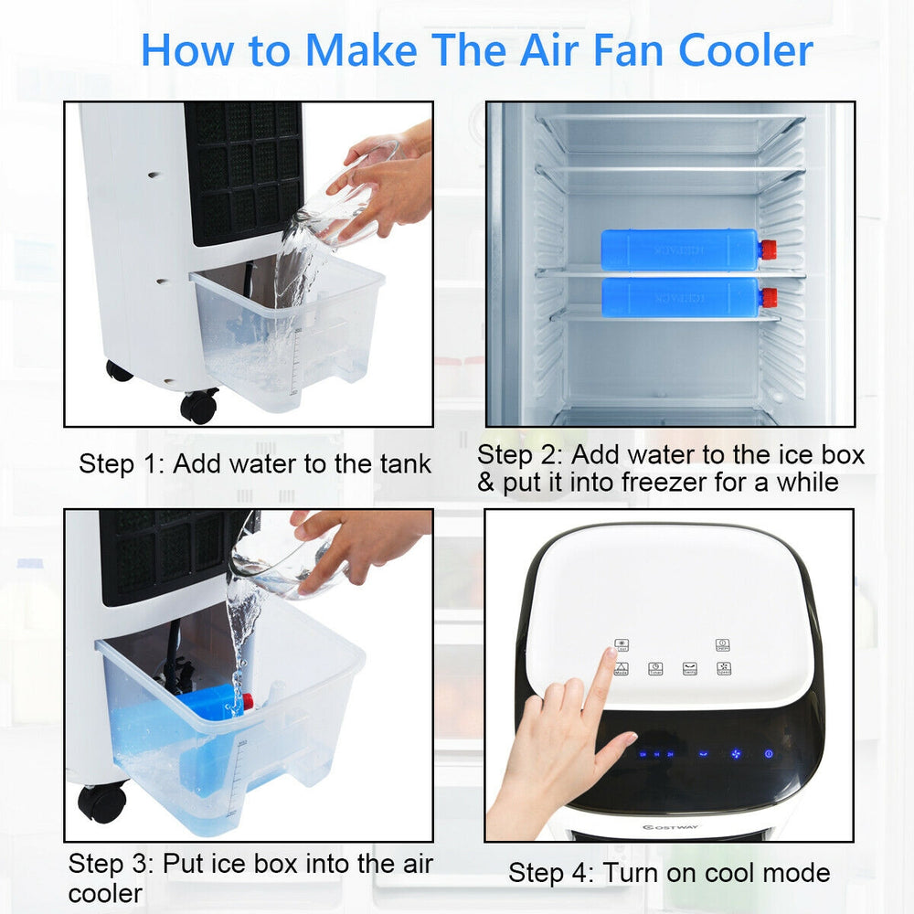 Evaporative portable air cooler fan with remote control, showing water tank filling process for home and office use.
