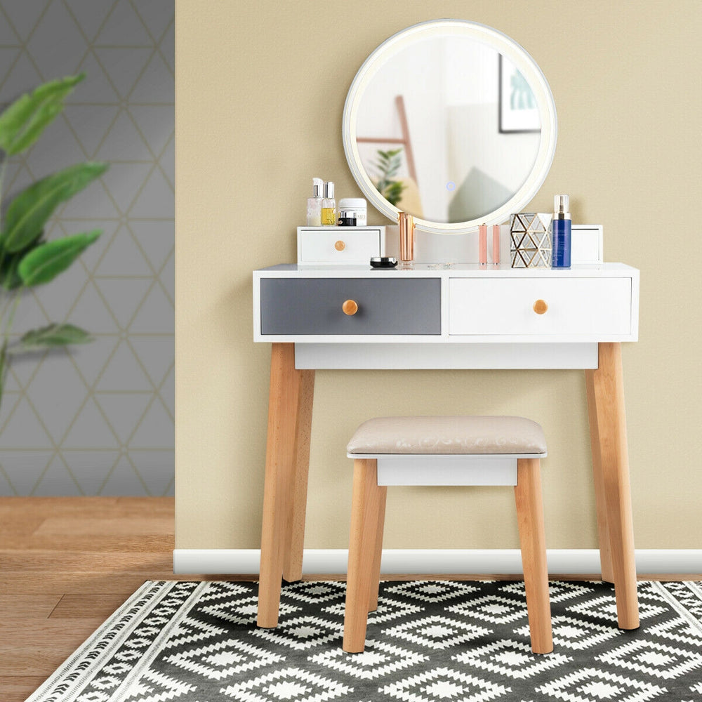 Makeup dressing table with round mirror, 4 drawers, and solid beech wood legs, perfect for bedroom or living room use.