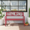 Red patio garden bench with ergonomic design and cast iron back, ideal for outdoor relaxation in any backyard or park.