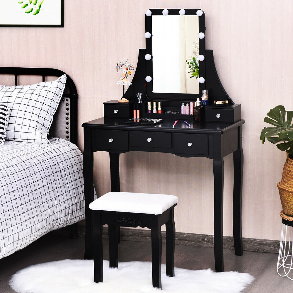 10 Dimmable Light Bulbs Vanity Dressing Table with 2 Dividers and Cushioned Stool-Black - Gallery View 1 of 11