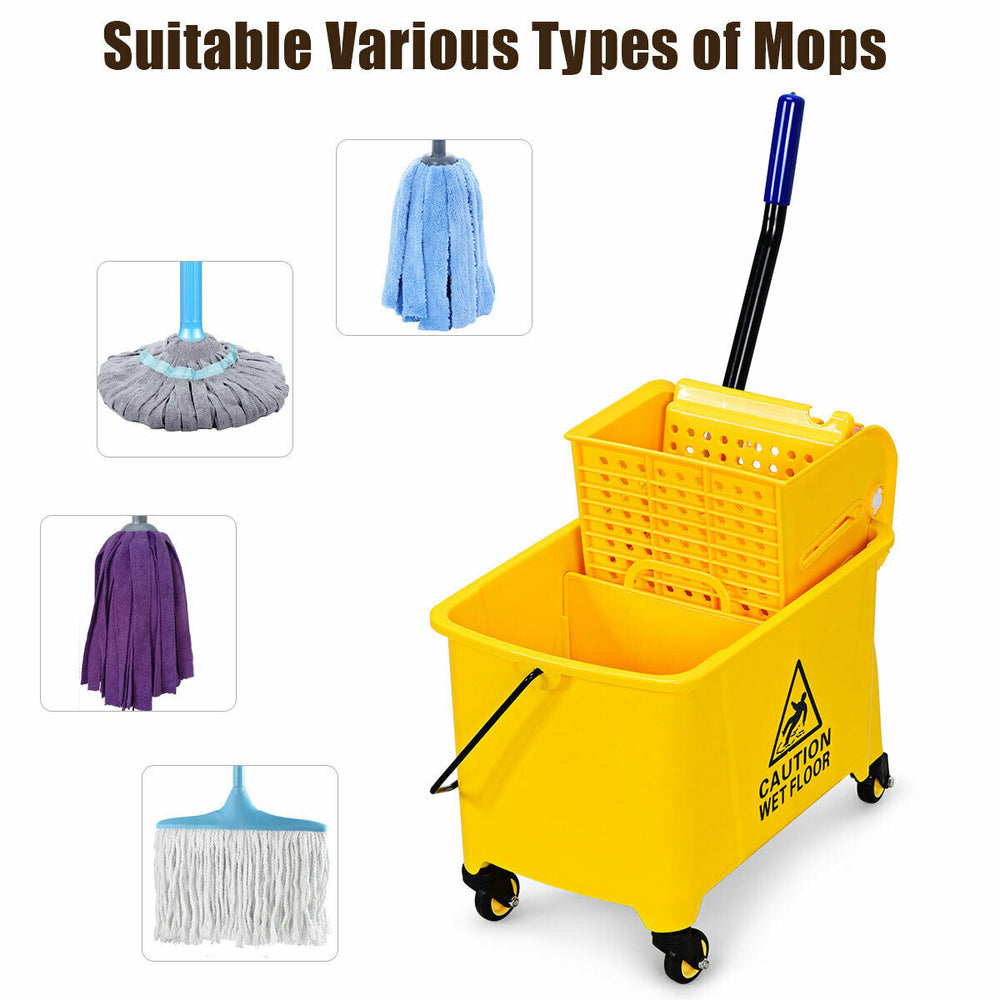 21 Quart yellow mop bucket with side press wringer, wheels for easy mobility, and water-separation panel for efficient.