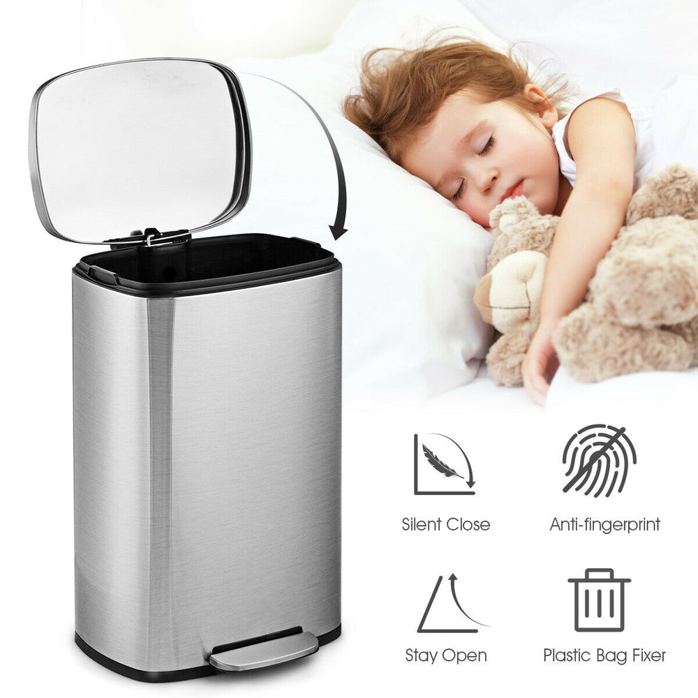 Stainless steel 13.2-gallon trash can with silent close lid and plastic bucket, ideal for home or office use.