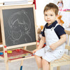 Height adjustable wooden kid's art easel with chalkboard, featuring a child drawing and magnetic stickers for.