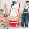 Kids art easel featuring a double-sided blackboard and whiteboard, with storage trays for art supplies, perfect for.
