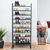10-tier free-standing metal frame shoe rack displaying various shoes, ideal for hallway or entryway storage.