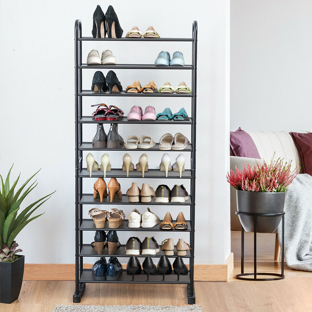 10-tier free-standing metal frame shoe rack displaying various shoes, ideal for hallway or entryway storage.