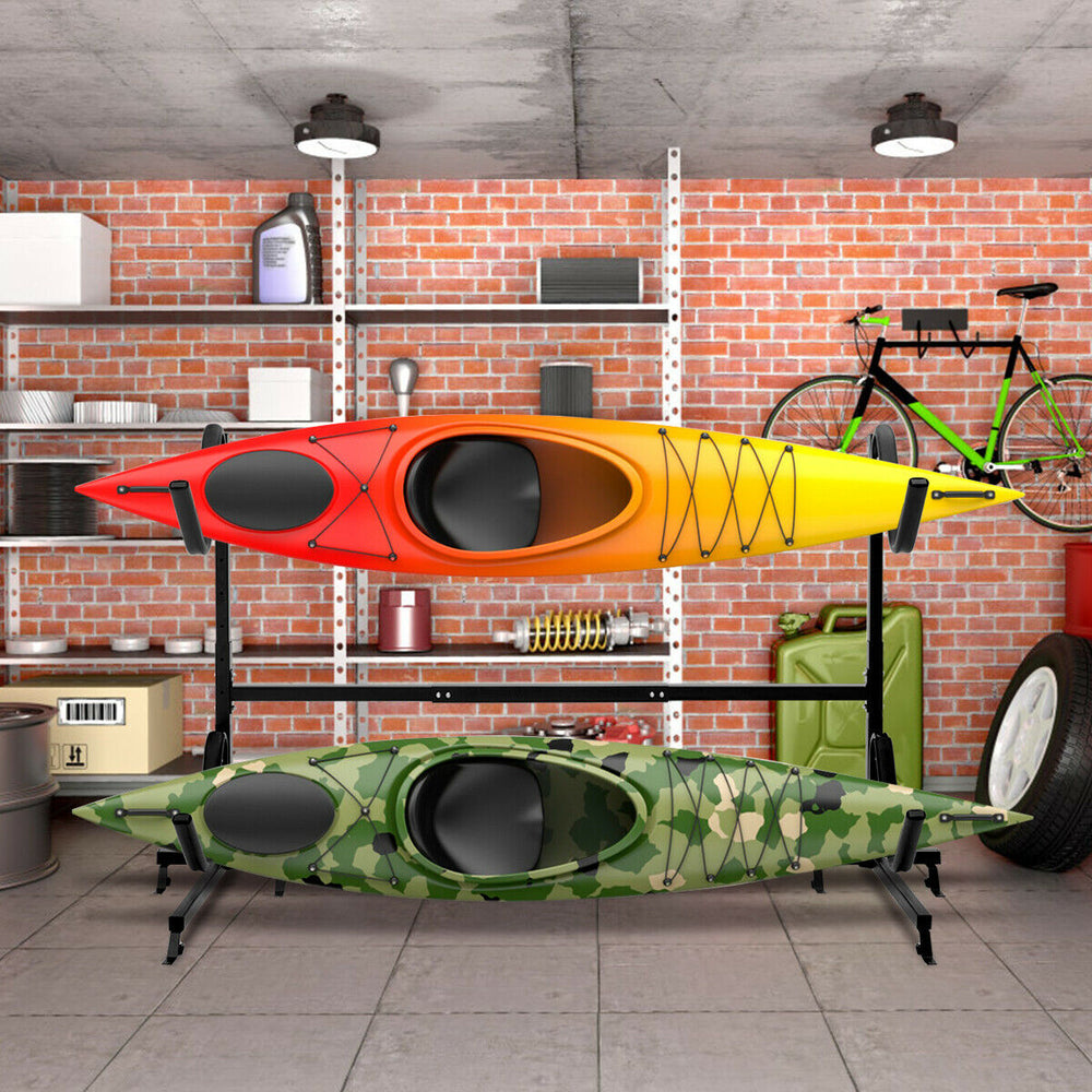 Freestanding height adjustable dual kayak storage rack with two kayaks, suitable for garage or outdoor use.