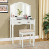 White vanity set with tri-fold mirror, four storage drawers, and cushioned stool, perfect for bedroom makeup.