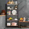 4-tier industrial bookshelf with metal frame and thick chipboard, ideal for kitchen or living room storage.