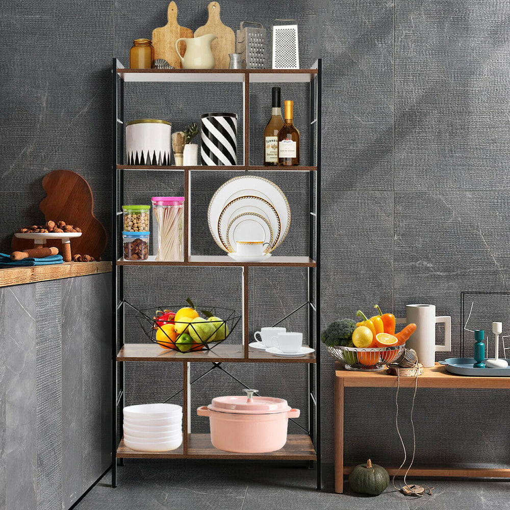 4-tier industrial bookshelf with metal frame and thick chipboard, ideal for kitchen or living room storage.