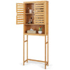 Bamboo over-the-toilet storage cabinet with adjustable shelf and double louvered doors for bathroom space-saving.