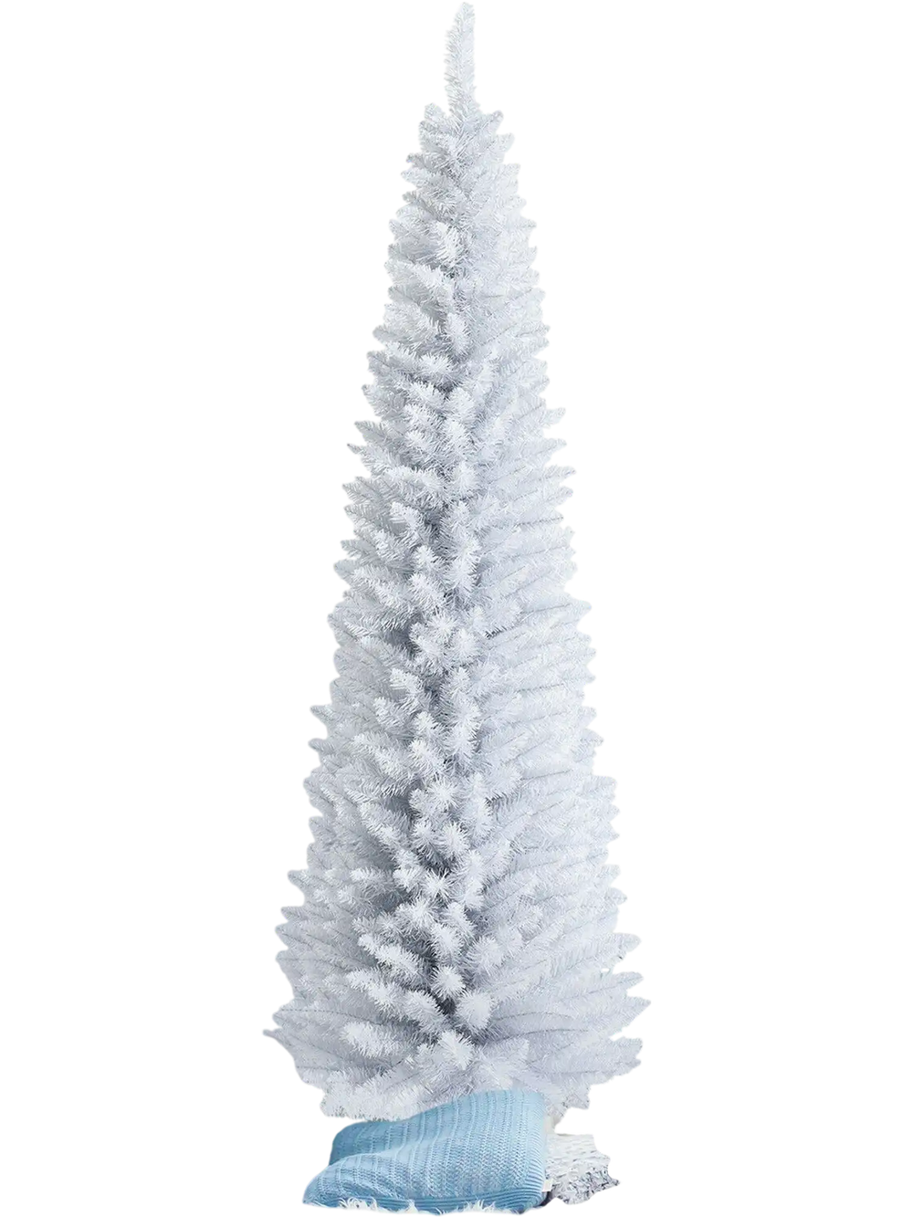 7-foot unlit artificial slim Christmas pencil tree in bright white, designed for space-saving holiday decor.