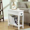 White 2-tier end table with drawer and open shelf, perfect for narrow spaces in living room or bedroom.