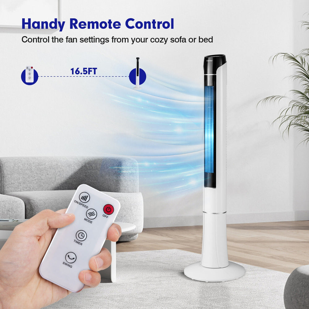 Portable 48-inch white tower fan with remote control, featuring 80° oscillation and 3-speed settings for customizable.