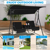 Porch swing chair with adjustable black canopy, featuring a 2-seat design and middle table, perfect for outdoor.