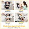 Foldable baby high chair in black with adjustable features and lockable wheels, ideal for feeding and easy storage.