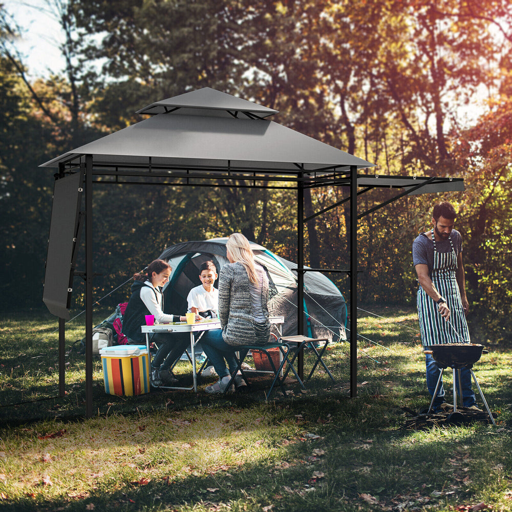 Patio BBQ grill gazebo with dual side awnings, 13.5 x 4 ft, providing shade and ventilation for outdoor cooking.