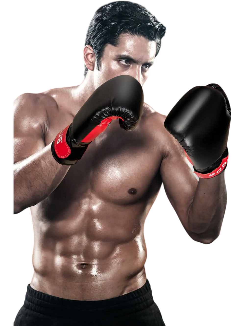 Boxer wearing gloves practicing with a filled punching bag set, featuring durable PVC leather and multi-layer.