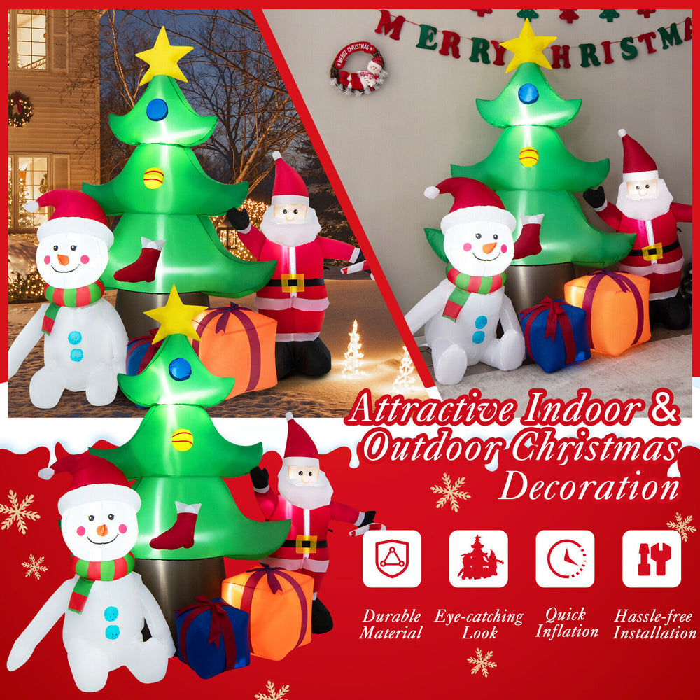 Inflatable 7.2 feet Christmas tree with Santa Claus and snowman, featuring bright LED lights for festive outdoor.