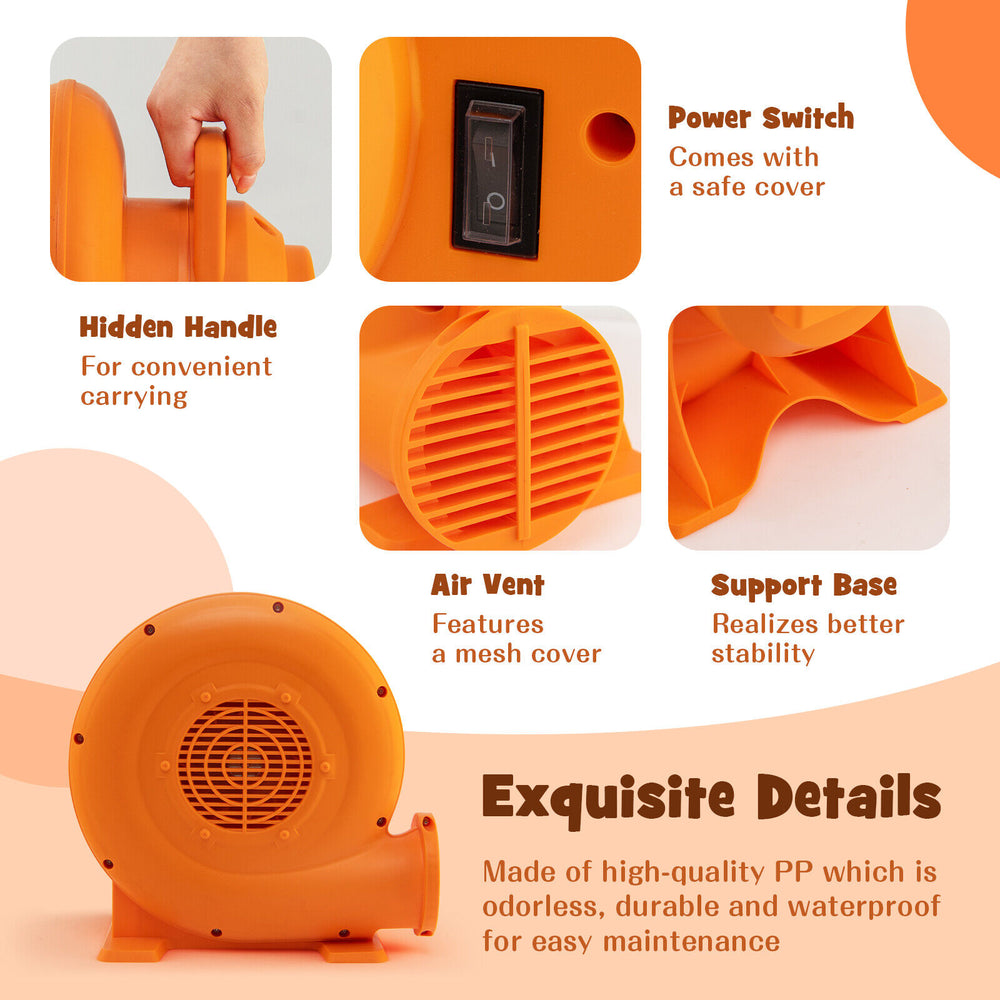 Close-up of the 380W air blower's power switch and air vent, made of durable PP for inflatables with a hidden handle.