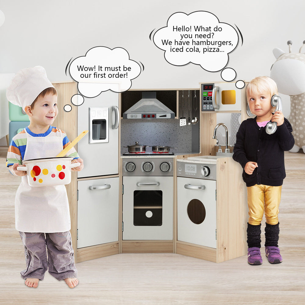 Kids Corner Wooden Kitchen Playset with cookware accessories, featuring a stove, sink, and realistic sounds for.