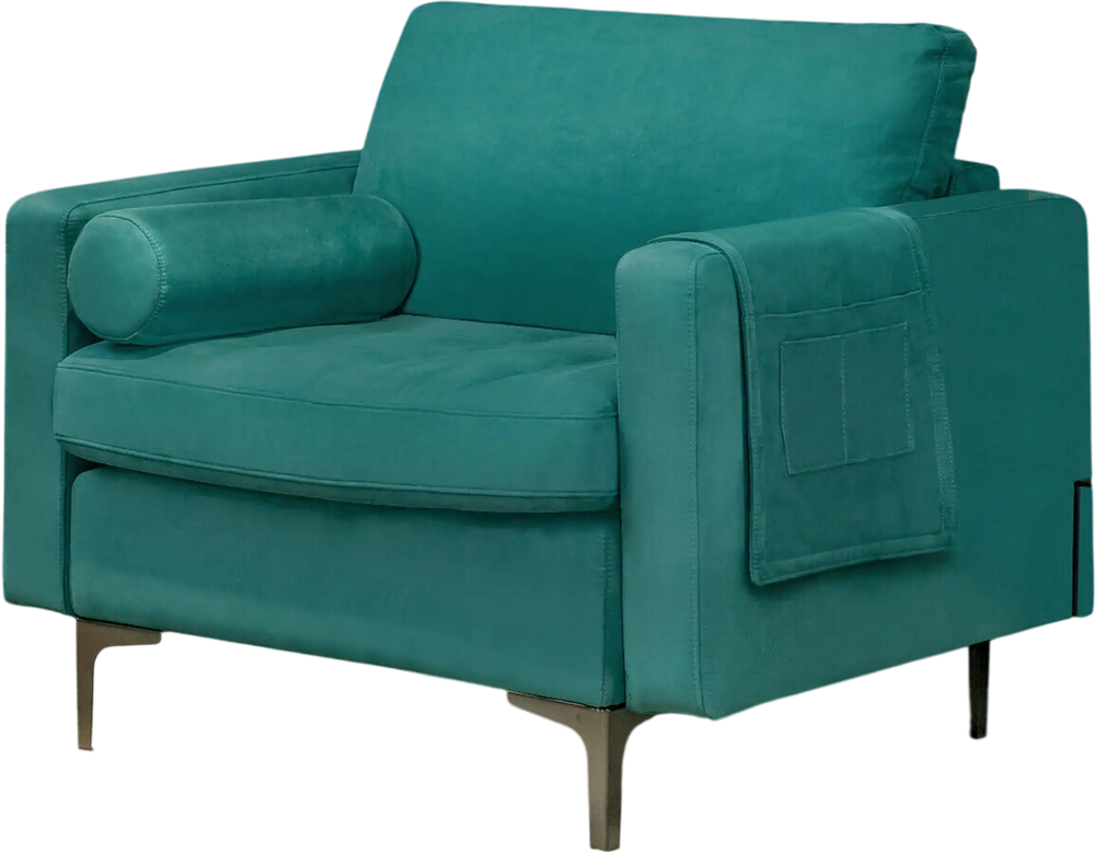 Peacock blue suede modular sofa chair with soft back pillow and side pocket, perfect for living room comfort.