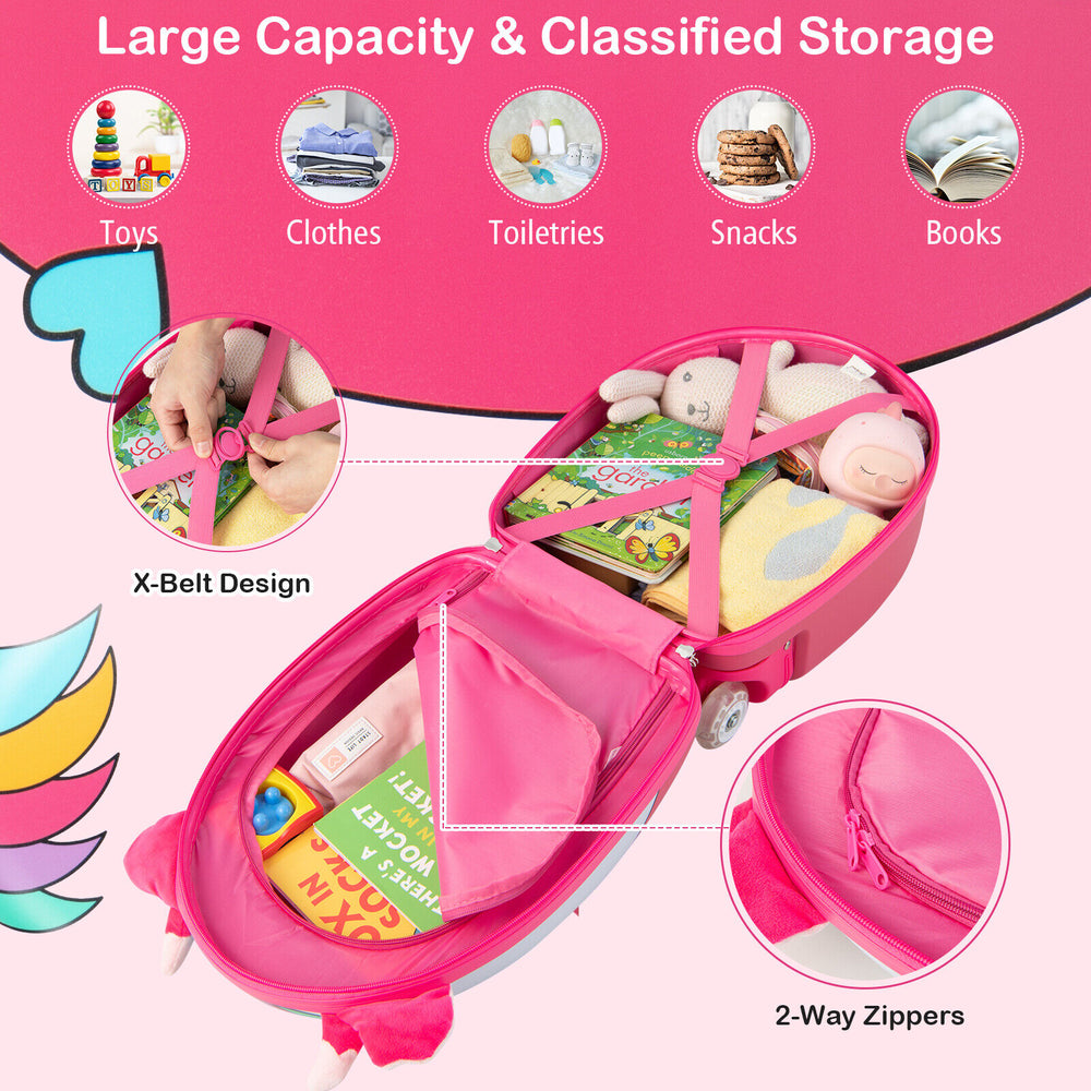 Kids rolling luggage in pink with 2 flashing wheels and ample storage, featuring cute ears and a telescoping handle.