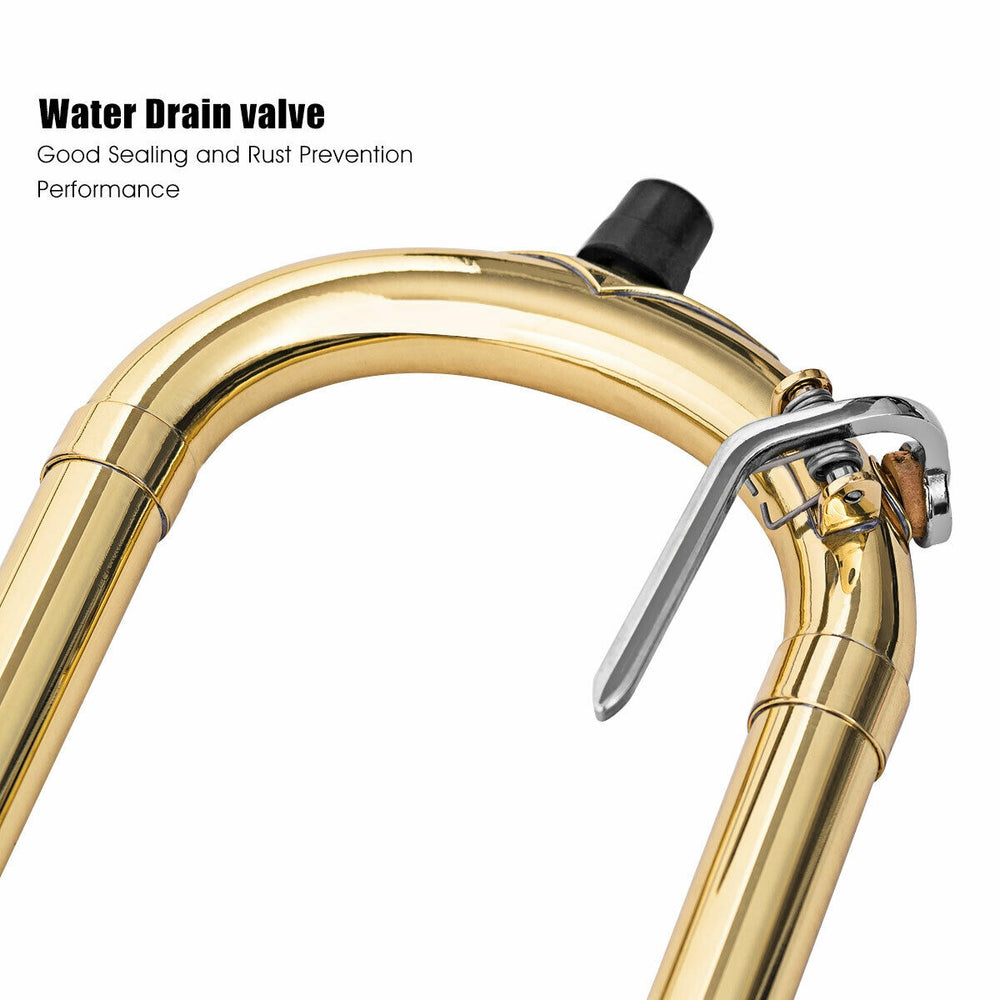 Close-up of the water drain valve on a B Flat trombone, featuring a gold lacquer finish and durable brass construction.