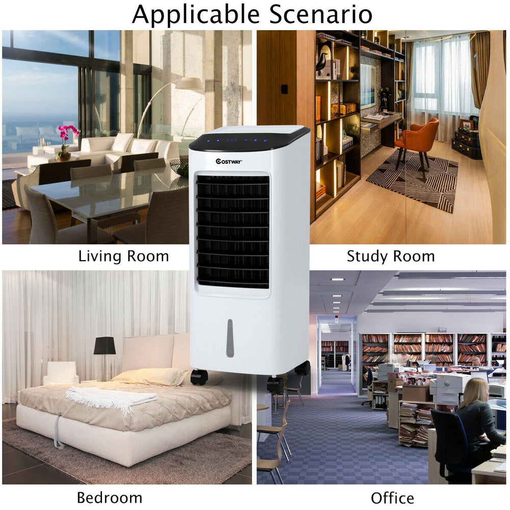 Portable evaporative air cooler fan with remote control, 7L tank, for home and office use in various settings.