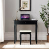 Black vanity dressing table with 360-degree mirror, 3 drawers, and cushioned stool, perfect for makeup in any room.