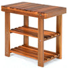 3-tier acacia wood shoe rack with a smooth finish, ideal for entryways and providing convenient seating.