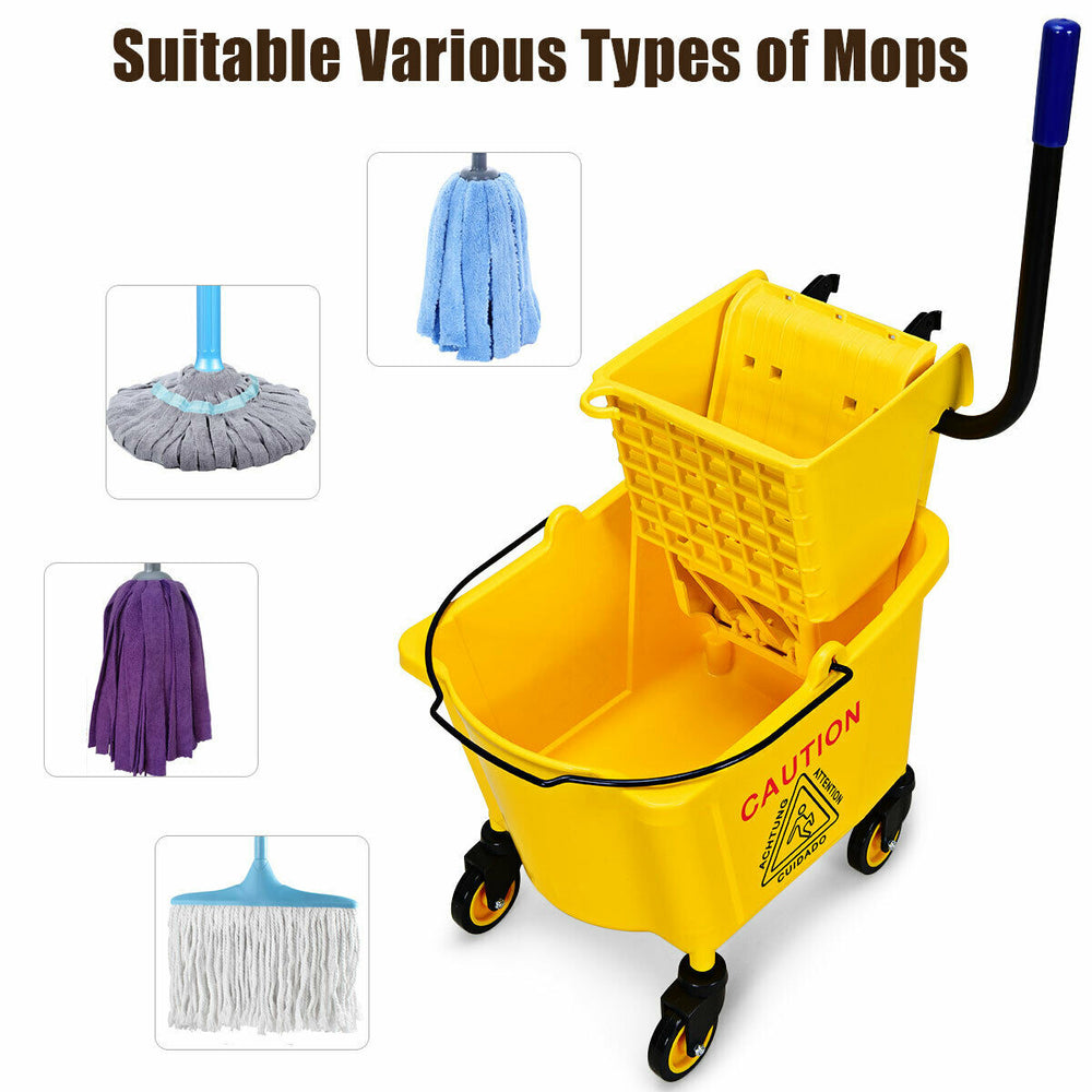 26 Quart side press wringer mop bucket in bright yellow with swivel wheels, designed for easy mobility and safety.