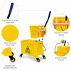 21 Quart yellow mop bucket with side press wringer, ergonomic handle, and smooth wheels for easy mobility and safety.