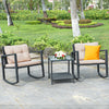 3 Pcs Wicker Rocking Bistro Set with Glass Coffee Table and Storage Shelf-Beige - Gallery View 1 of 12