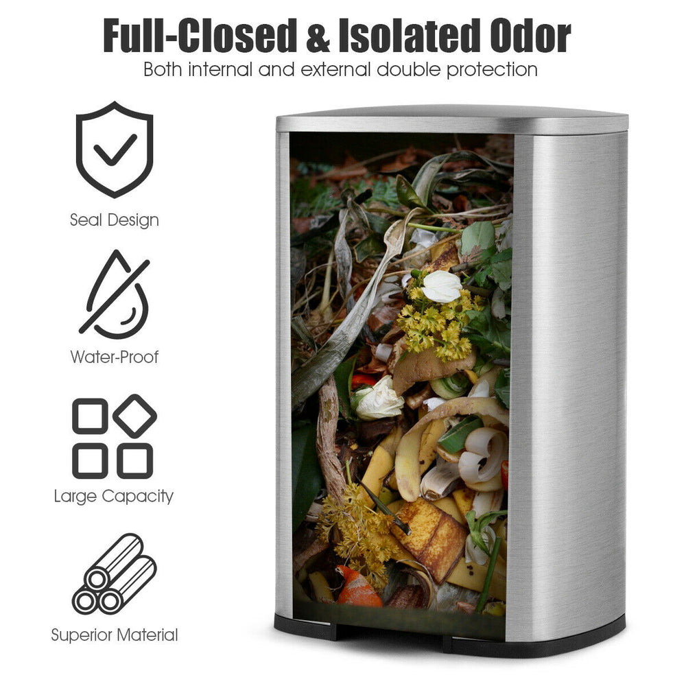 Stainless steel 13.2-gallon trash can with a plastic bucket, featuring a seal design for odor isolation and easy.