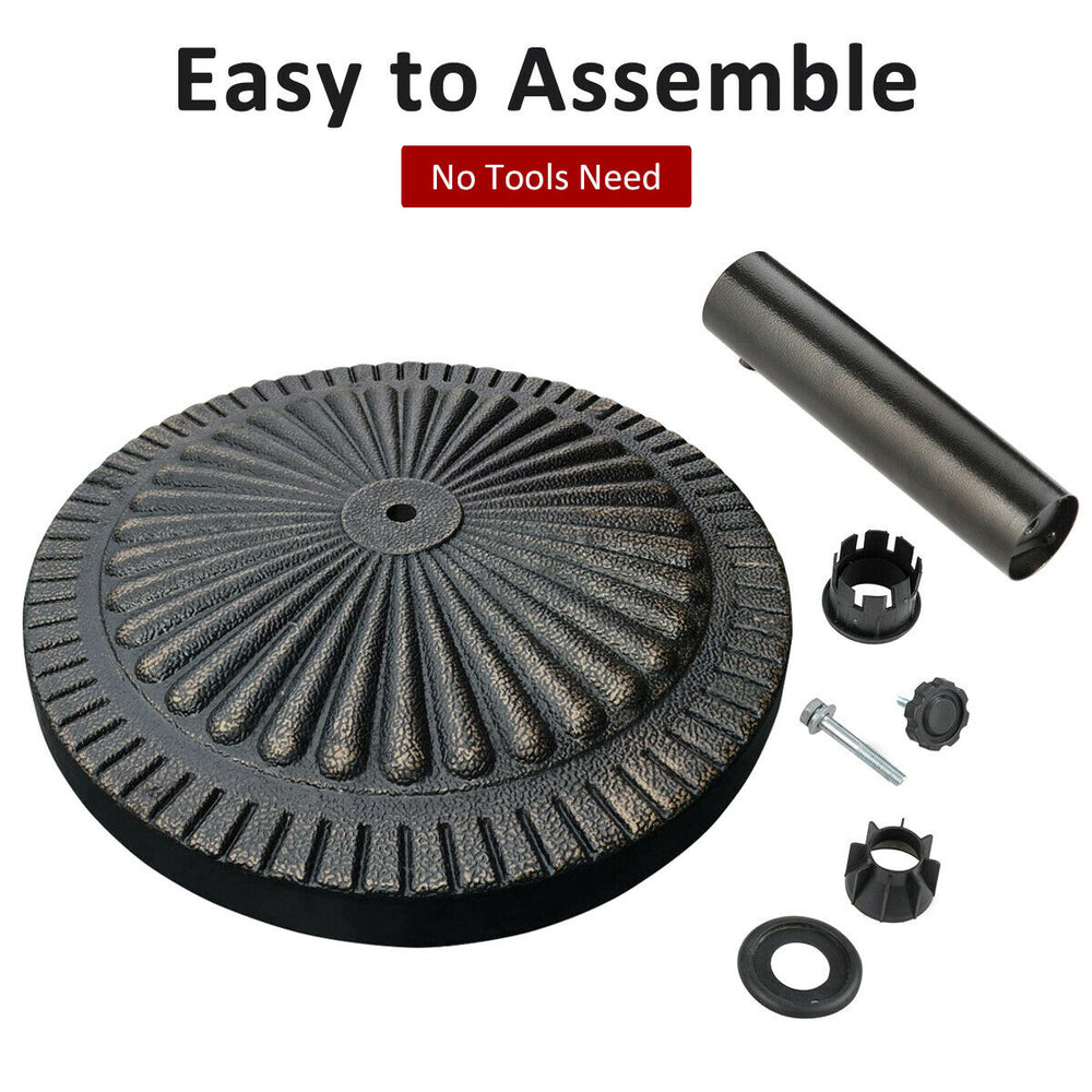 Heavy-duty bronze umbrella base with petaloid knob, easy to assemble, ideal for outdoor patios and gardens.