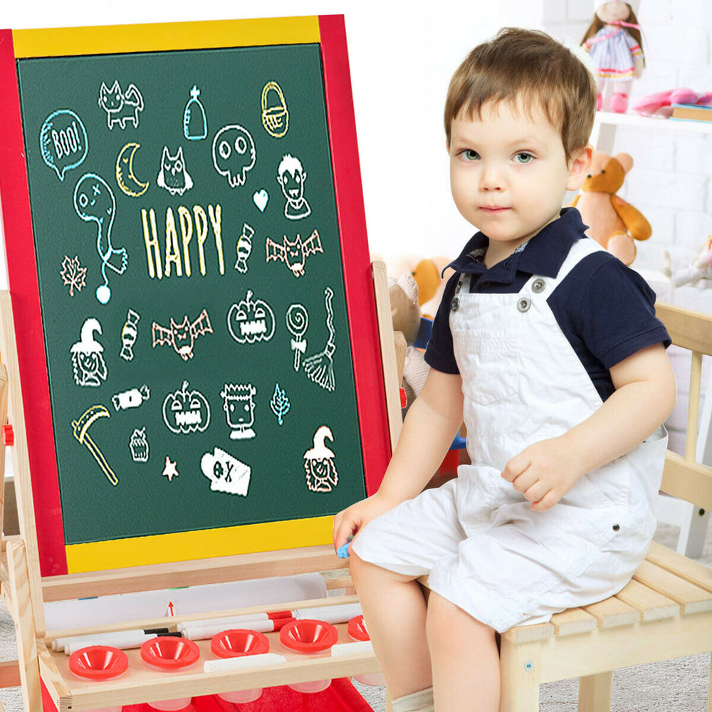 Kids art easel featuring a double-sided blackboard and whiteboard, perfect for creative play and imagination.