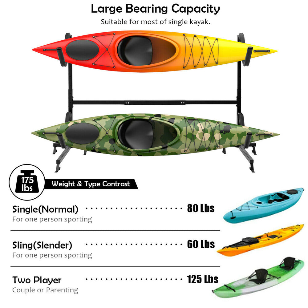 Freestanding height adjustable dual kayak storage rack with heavy-duty steel frame, supports up to 175 lbs for indoor.