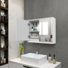 Wall-mounted 2-door mirrored medicine cabinet in white, featuring double mirrors and organized shelves for bathroom.