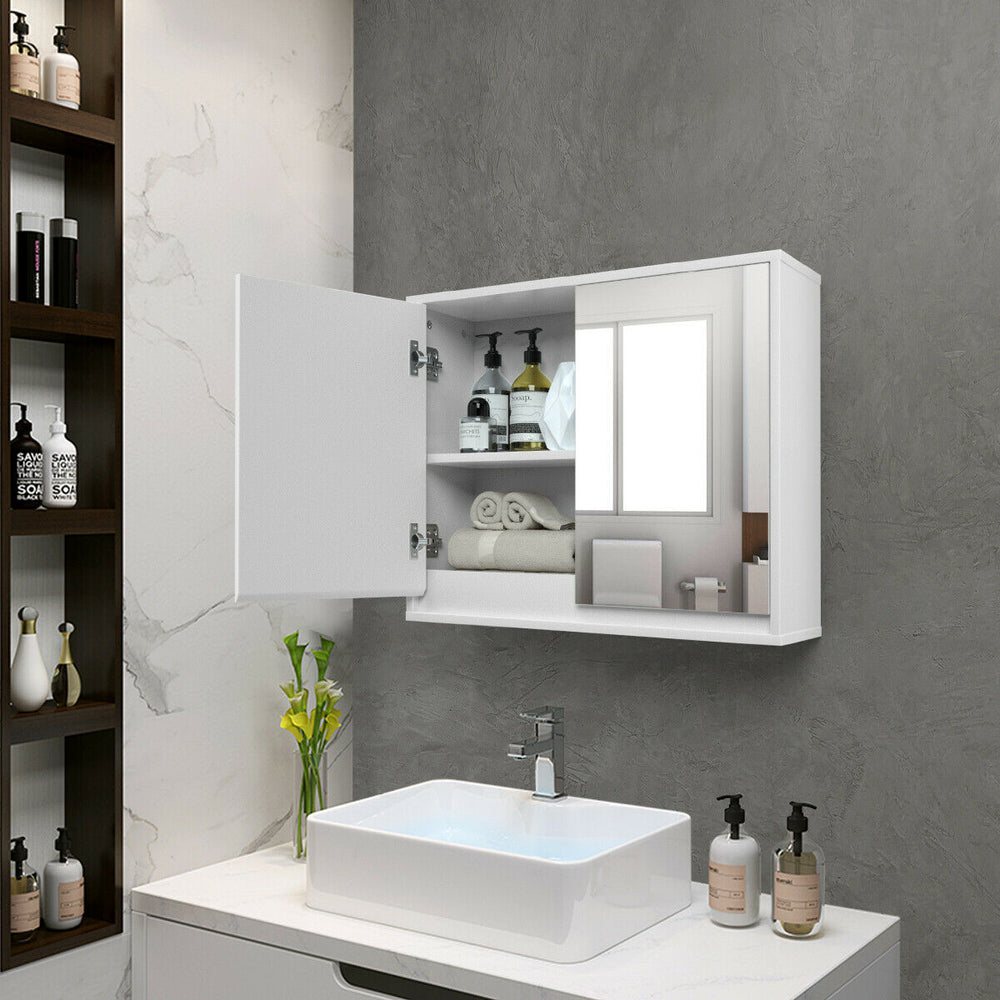 Wall-mounted 2-door mirrored medicine cabinet in white, featuring double mirrors and organized shelves for bathroom.