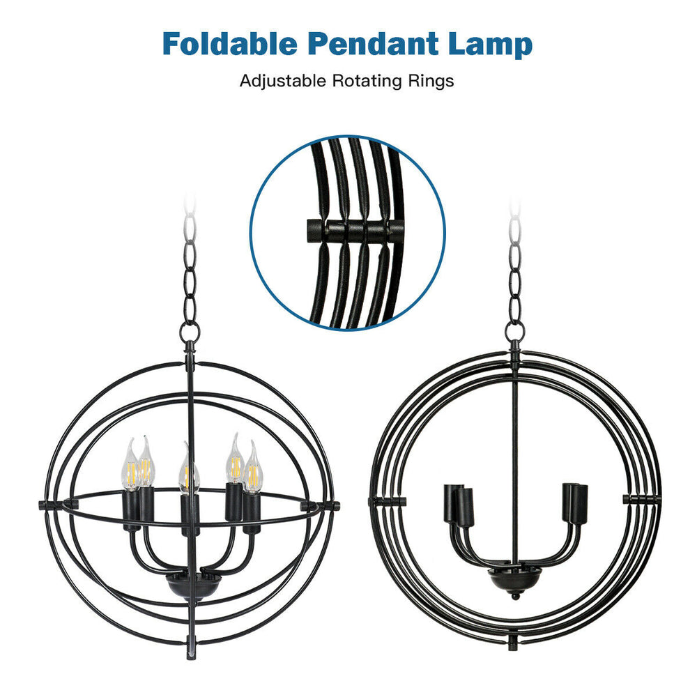 20-inch metal chandelier with pivoting interlocking rings, featuring 5 E12 bulb holders for versatile lighting.