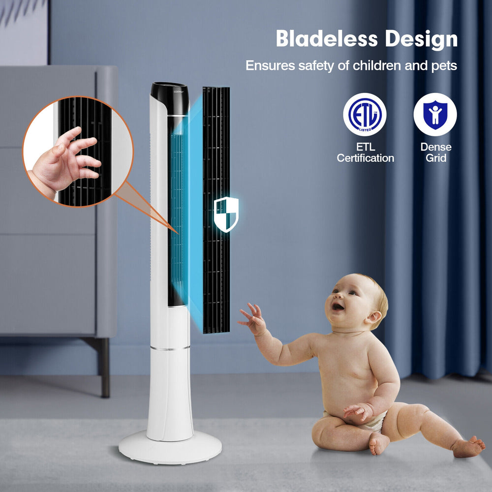Bladeless 48-inch tower fan in white with remote control, featuring 80° oscillation for efficient airflow in any room.