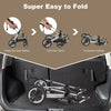 Folding aluminum baby stroller in beige, showcasing easy folding mechanism in a car trunk for convenient storage.