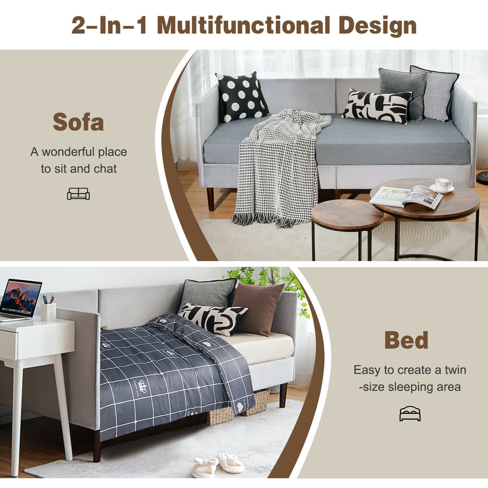 Twin size daybed frame in gray with soft velvet fabric, ideal for small spaces, converts easily from sofa to bed.