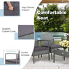 Curved armrests and high-density cushion of the 4-piece outdoor rattan conversation set for backyard relaxation.