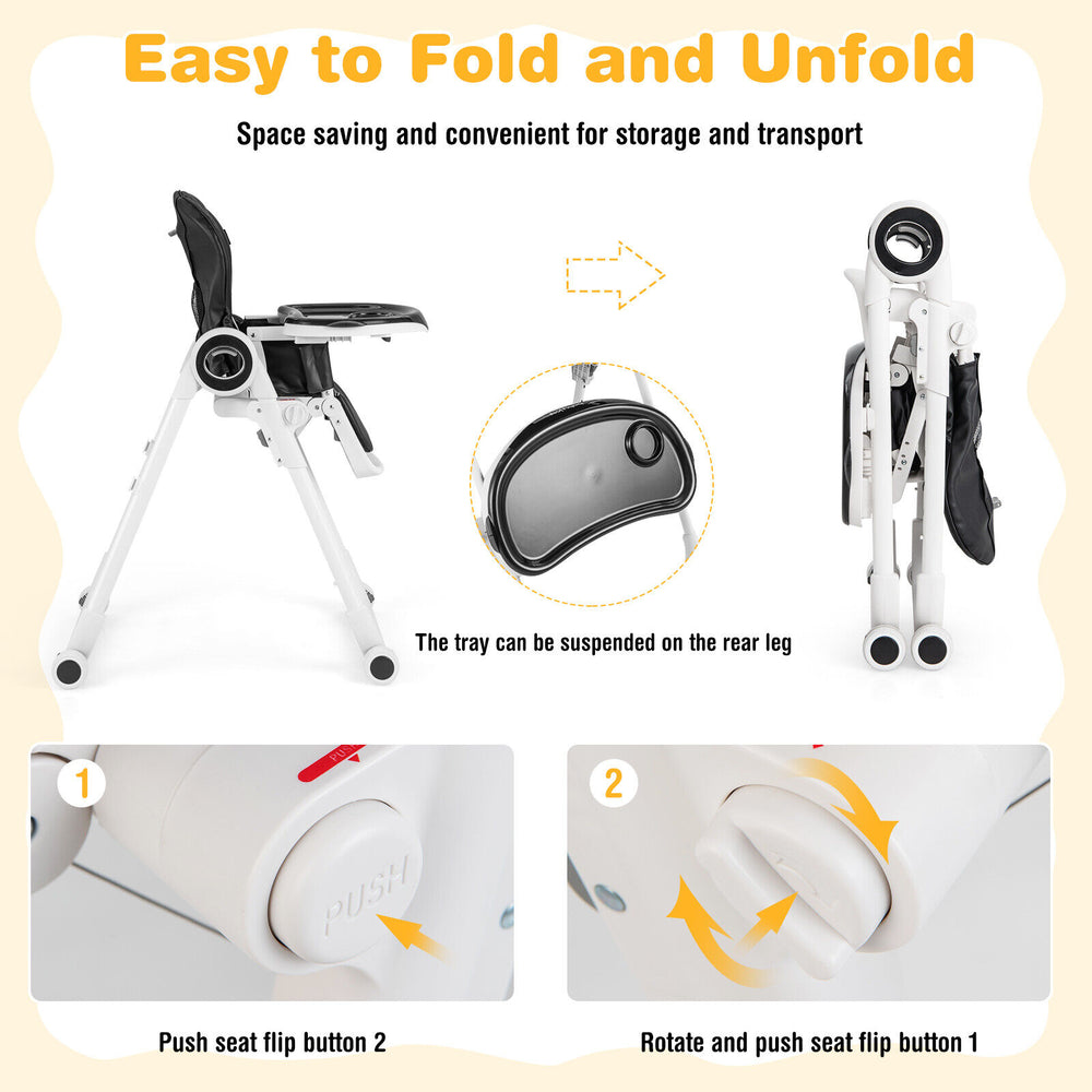 Foldable baby high chair in black with adjustable features and lockable wheels for easy storage and transport.