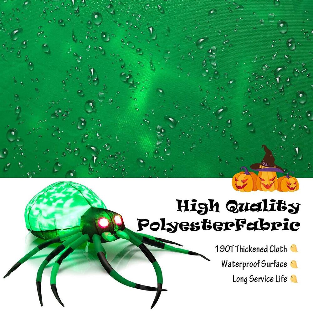 5-foot inflatable creepy spider with LED lights, green body, red eyes, made of durable 190T polyester for Halloween.