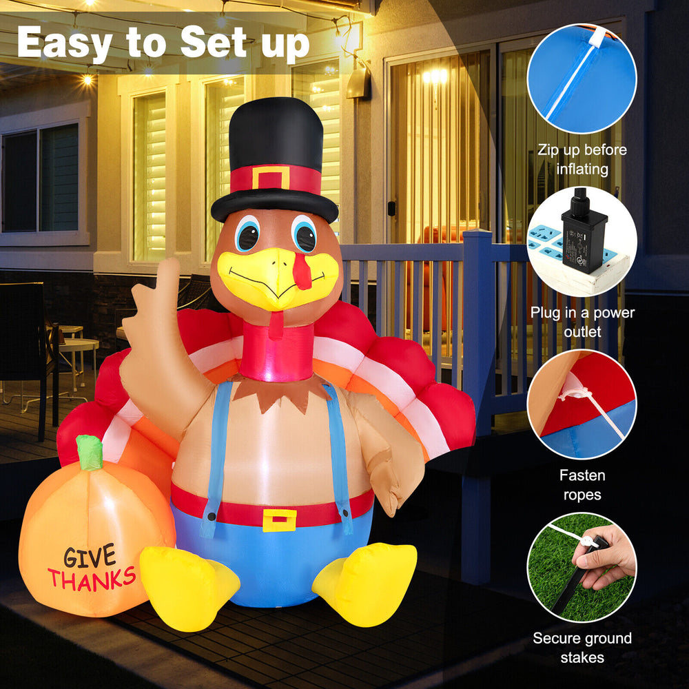 6-foot Thanksgiving inflatable turkey with pumpkin, featuring bright LEDs, perfect for lawn or garden decor.