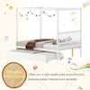 Full size white canopy bed with trundle, crafted from solid wood, perfect for kids' bedrooms and extra sleeping space.
